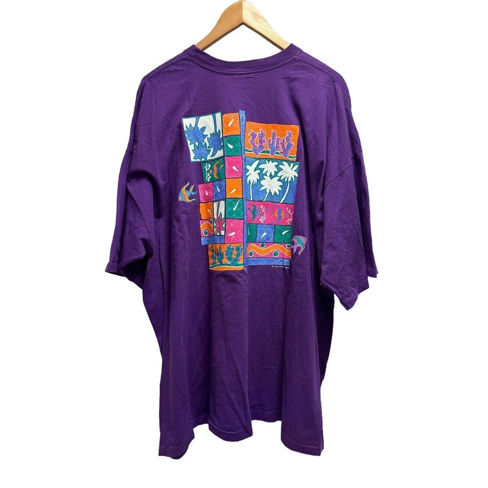 Izod Lacoste Vtg 90s 1992 Mens 3XL T-Shirt Single Stitch Purple Beach Fish Palms
